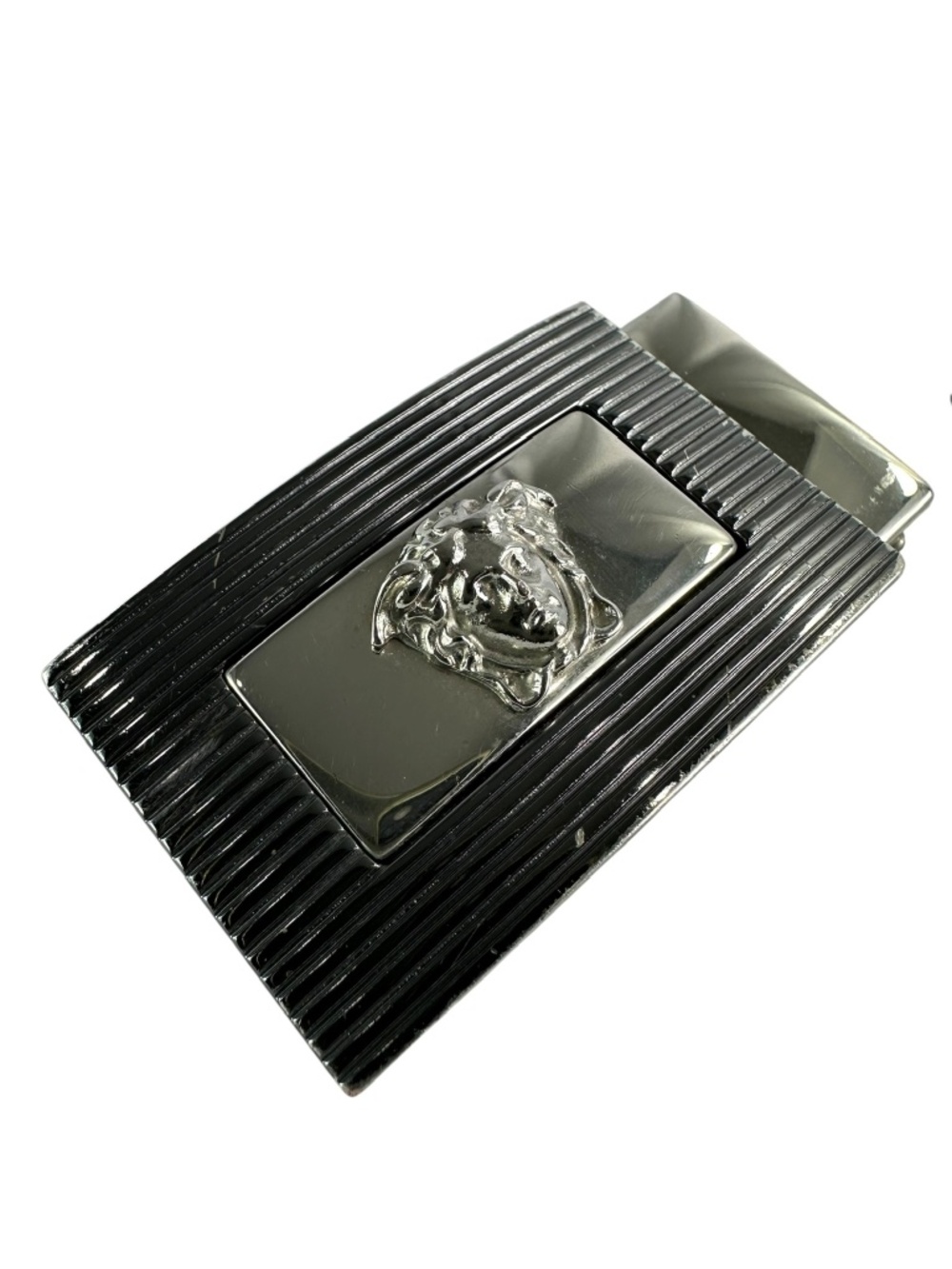 Genuine 90s GIANNI VERSACE Black Leather Belt Silver Buckle Medusa Logo 34